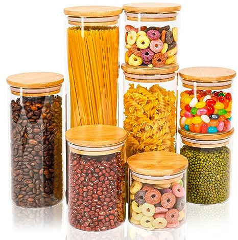 Otoomenz Glass Storage Jars With Bamboo Lids Set of 8, Airtight Glass Jars With Lids Clear Food Storage Container Jar- Food Kitchen Canisters Sets for Spaghetti Beans Snack Flour Cereal Storage