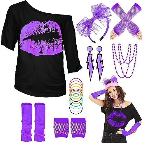 WILDPARTY 80er 90er Jahre Outfit Damen, T-Shirt, Beinwärmer, Stirnband, Ohrring, Halskette, Netzhandschuhe, 80er 90er Jahre Kostüm Mottoparty Accessoires Kleidung Neon Party Karneval JD