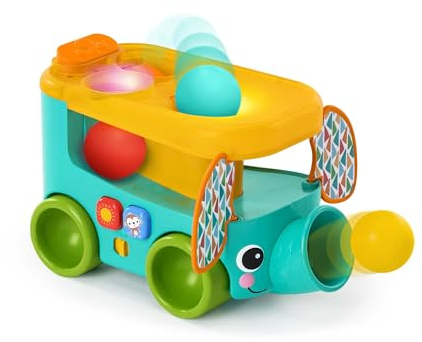 Bright Starts Pop & Roll Safari Bus Ball Play Toy, Elephant Popper and Launcher, Baby Crawling Toy, Unisex, Ages 6 Months+