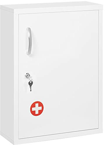 kleankin Botiquín de Pared de Acero Botiquín para Medicinas de 3 Niveles Armario de Botiquín con Cerradura y 2 Llaves para Cocina Baño 40x15x53,5 cm Blanco