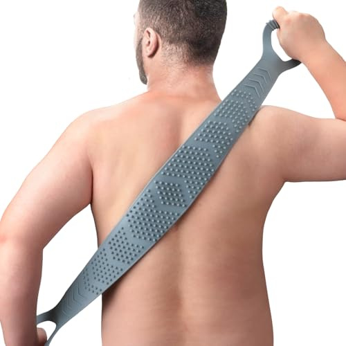 FREATECH Brosse à récurer en silicone pour homme de la douche, sangle exfoliante double face de 90 cm – Couverture 100 % du dos pour nettoyer, exfolier et masser, hygiénique, durable et facile à
