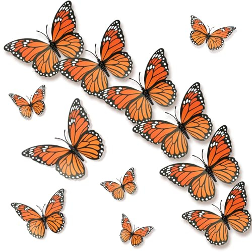 Monarch Butterfly Decorations, 3D Halloween Butterfly Wall Decor 12 Pcs Orange Fake Monarch Butterflies Realistic Artificial Butterflies Wall Decal for Day of The Dead Halloween Party Decorations