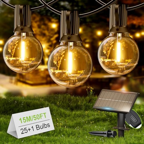 Yuusei Catena Luminosa Esterno Solare 15M IP65 Impermeabile con 25+1 LED G40 Luce Calda | 4 Modalità Luci da Esterno - Ideale per Giardino, Balcone, Terrazza, Campeggio e Feste