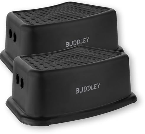 BUDDLEY Tritthocker Set 2X - Kindertritt - Badezimmer - Küche - Antirutsch - Kunststoff - Schwarz - Belastbar 80 kg