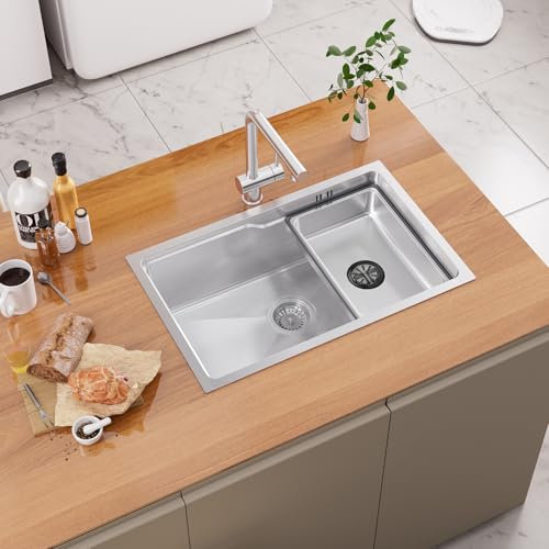 Auralum Spülbecken Edelstahl Eckig 68 x 43 cm, Küchenspüle mit Waschschüssel Edelstahl, Waschbecken Küche mit Siphon & Über, Spüle Küche 1 Becken, Einbauspüle für 80er Unterschrank