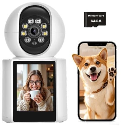 Övervakningskamera för inomhusbruk, WLAN-säkerhetskamera med 7,1 cm (2,8 tum) skärm, videosamtal, 1080P, mörkerseende, tvåvägsvideo, rörelsedetektering, AI-kamera för husdjur, spädbarn,