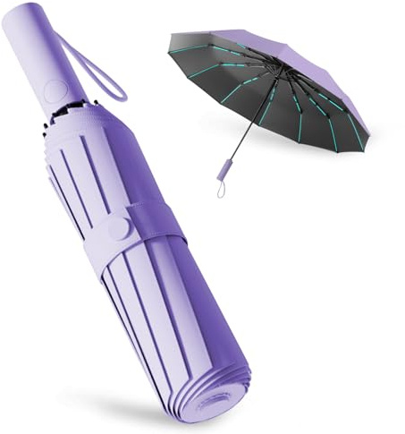 Parapluie pliant automatique résistant au vent, parapluie compact coupe-vent avec 60 baleines pour hommes et femmes (Violet)
