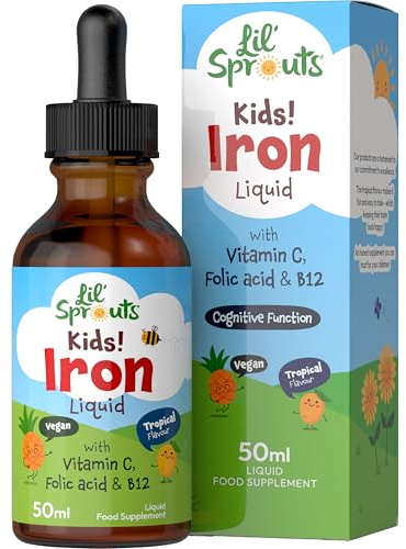 Iron Drops for Kids | 50mL | with Vitamin C, B12, and Folic Acid | Tropical Flavoured Liquid Food Supplement | 10mg of Iron Per Serving | Vegan | by Lil' Sprouts