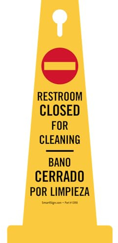 SmartSign 4-Sided Bilingual Restroom Closed for Cleaning Cone Sign with Symbol - 26.75 x 11, Tough Molded Plastic, Stackable Safety Cones, Insert Slots for Easy Use, 360-Degree Visibility, Yellow