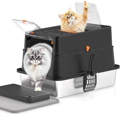 APPKER Stainless Steel Litter Tray with Lid, XXL Enclosed Cat Litter Tray for Big Cats, Easy to Clean High Sided Metal Kitty, Front & Top Entry, Scoop, Mat & Foot Pedal - Black
