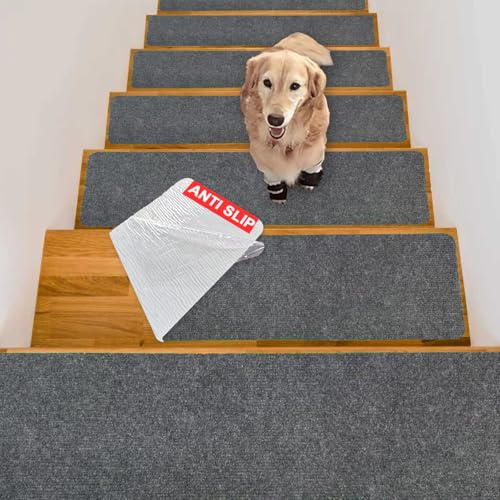 Tigsport Nonslip Stair Treads Wooden Steps, 15 PCS 30 x 8 Safety Rug Slip Resistant Runner with Reusable Adhesive, Carpet Landing Mat for Family Elders Pets Soft Stair Mats Indoor (Dark Grey)