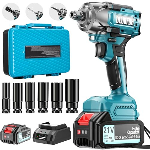 Olubfdh Avvitatore a Impulsi Brushless, 500 Nm Avvitatore a Impulsi a Batteria, 1/2 Trapano a Impulsi Brushless, 3-in-1, con Batterie da 4,0 Ah e Caricabatterie, 6 Bussole
