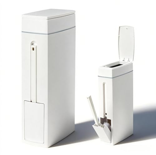 Bathroom Bin and Toilet Brush Set, 4.5L Bathrooms Bin with Lid Slim White Toilet Bins Pop Up Bins with Lid and Hidden Brush Trash Can for Home Office Bathrooms Narrow Spaces