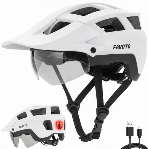Favoto Adult Bike Helmet for Road & Mountain Cycling with USB Rechargeable Rear LED Light, Magnetic Goggles & Removable Sun Visor, Helmet for Men & Women