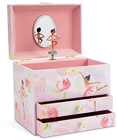 Jewelkeeper Ballerina Jewellery Box for Girls - Pink Roses Wooden Musical Jewelry Boxes with 2 Storage Drawers, Swan Lake Tune, Jewellery Box for Princess's Birthday Presents