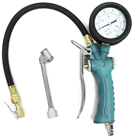 Profi Reifenfüller Druckluft Luftdruckprüfer Reifendruckmesser, mit 360°drehbarem Manometer, für Auto Motorrad Fahrrad PKW LKW (16bar)