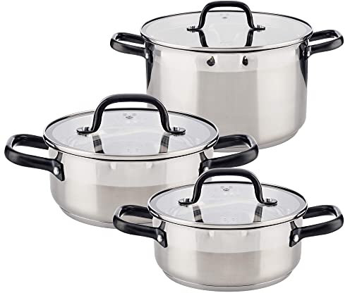 Set 3 cacerolas CON TAPA de vidrio VITA: Ø20x8,5; Ø24x10; Ø28x16,5 cms, acero inoxidable; inducción