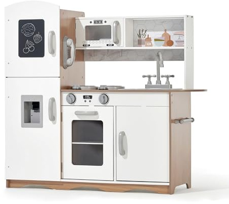 Kidoz Signature Wooden Play Kitchen for Kids, Large Toy Kitchen with Lights and Sounds, Pretend Play Oven, Microwave, Sink and Fridge, Kitchen Playset (White Kitchen Only)
