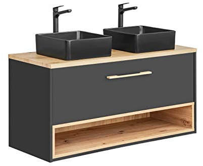 PIASKI Mobile lavabo Borneo 120 cm, sospeso e doppio, mobile da bagno colore rovere/grigio cosmo (con piano di lavoro)