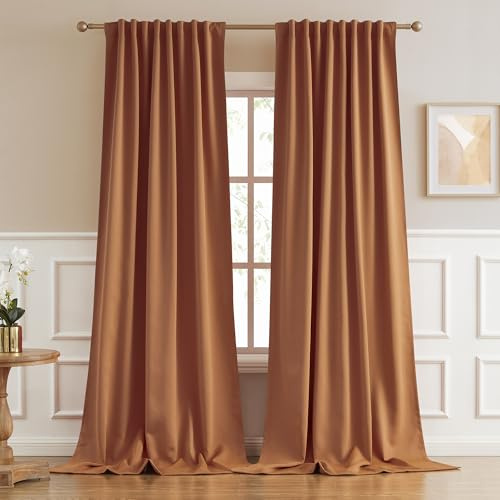DUALIFE - Tende oscuranti lunghe, set di 2 pannelli, tasca posteriore con linguetta, isolamento termico, alta efficienza energetica, per porte scorrevoli per soggiorno, 132 x 335 cm, marrone arancione