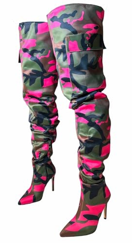 MissHeel Stiletto Thigh High Boots for Thick Thigh Over Size US Tall Tall Boots Sexy High Heel Over-Knee Pink Camo Boots Size US 8