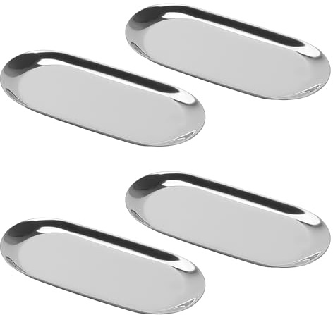 KEILEOHO 4 Pack 7 Inch Silver Oval Stainless Steel Tray, 18 x 8.5cm Oval Storage Plate, Metal Bathroom Trays for Storage