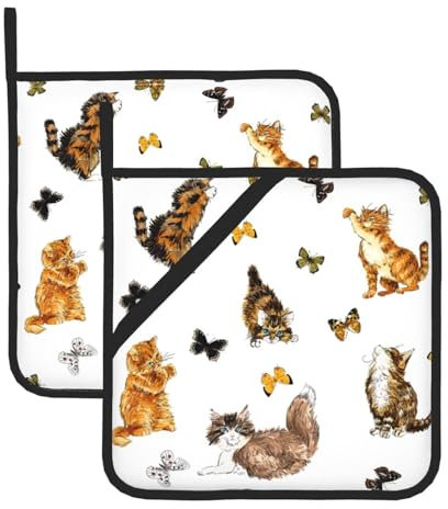 MyPiky Set di 2 presine da cucina resistenti al calore con gatto e farfalla, per cottura al barbecue, forno a microonde