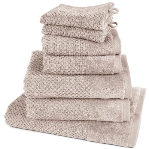 Pure Label 7-TLG. Handtücher Set aus 100% Baumwolle, saugstark und weich - 1x Badetuch (70x140 cm) 2X Handtuch (50x100cm) 2X Gästetuch (30x50 cm) 2X Waschlappen (16x21 cm), Stein - Taupe
