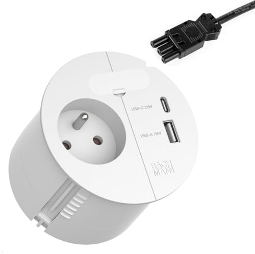 BACHMANN Einbausteckdose LOOP IN CHARGE 1x Steckdose UTE Frankreich 1x USB A/C 22W mit Kabeldurchführung 0,2m Zuleitung für Büro, Besprechungsraum und Wohnraum in Weiß 938.304