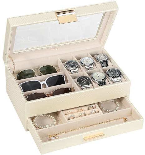 LANDICI Watch Box Organiser Jewellery box for Men Women, 2 Layer 6 Slot PU Leather Watch Storage Case with Glass Top, Large Jewelry Display Holder for Sunglasses Necklace Earring Ring (Apricot)