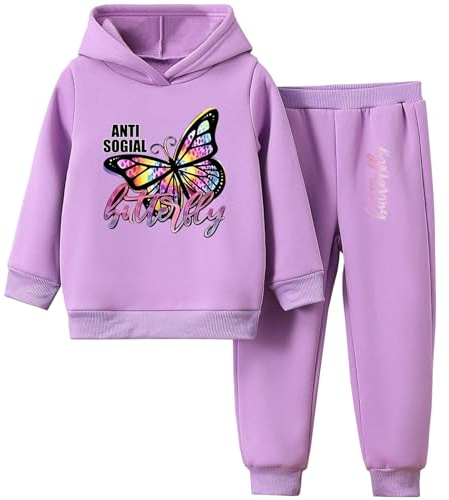 Amur Leopard Trainingsanzug Kinder Mädchen Jogginganzug 2tlg Sweatshirt mit Kapuze + Sporthose Sportanzug mit Schmetterlingsprint, Lila, 122-128 (Etikettengröße: 130)