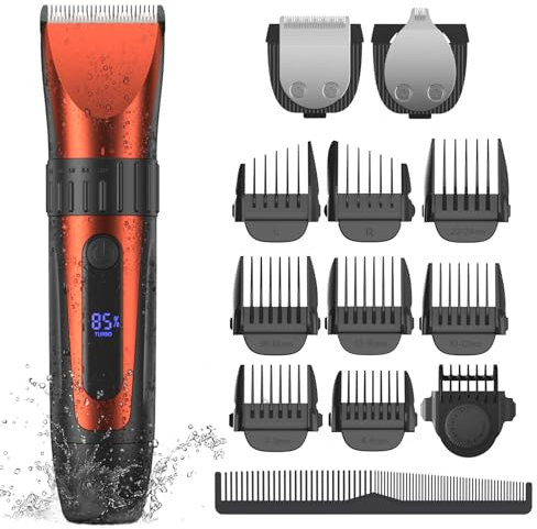 Tagliacapelli da uomo senza fili, tagliacapelli professionale, 2000 mAh, batteria scarica, blocco da viaggio, kit 11 in 1 con 8 pettini limite per rasoi da uomo, impermeabile
