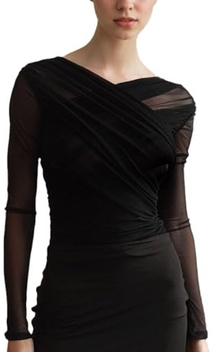 EMOTTOS Mesh Oberteil Damen, Y2K Wickeltop Slim Fit Gerüschte T-Shirts mit V-Ausschnitt, Mode Going Out Club Party Hautenges Top Sexy Durchsichtiges Design, Schwarz, S