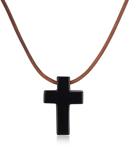 COAI Collana in Vera Pelle da Uomo e da Donna con Ciondolo Croce di Ossidiana, Collana Croce Unisex