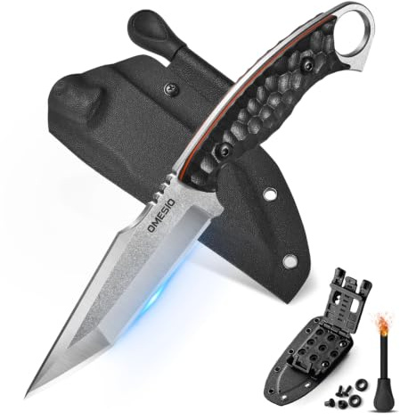 Omesio M-YL21 Tanto Couteau, livré avec étui Kydex et allume-feu, couteau de Survie haut de gamme en acier 420 à soie pleine, longueur de lame 12,6 cm manche G10, adapté à la outdoor et au camping.