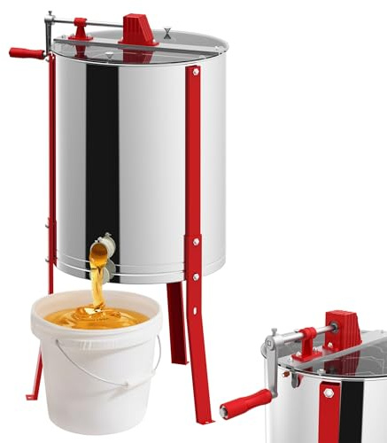 FIVMEN Extractor de miel manual de 4 panales de acero inoxidable, extractor de miel con alimentación tangencial con tapa, accionamiento manual y patas ajustables, accesorios universales para