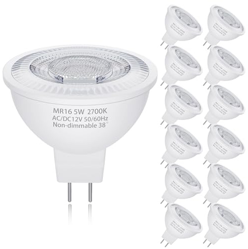 QQLXST MR16 LED Bulbs 50W Halogen Equivalent, 2700K Warm White, 5W MR16 GU5.3 Bi-Pin Base 12V Low Voltage Spotlight Bulb for Landscape Spotlight Track Recessed Lighting, Non-Dimmable, 12-Pack