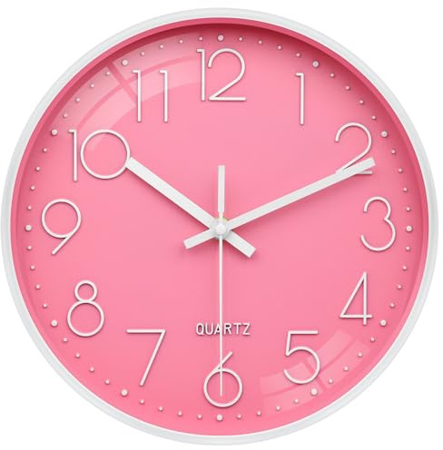 VIKMARI Pink Wall Clock 10 Inch Silent Non-Ticking Clocks Battery Operated Modern Decorative for Kids Living Room Bedroom Kitchen Office(Pink)