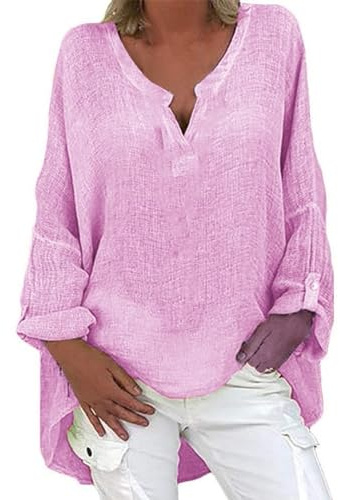 Linneblus damer långärmad stora storlekar, linneskjorta damer oversize linneskjorta boho skjorta blus v-ringad muslinblus lös linnetunika elegant blusskjorta enfärgad långärmad skjorta