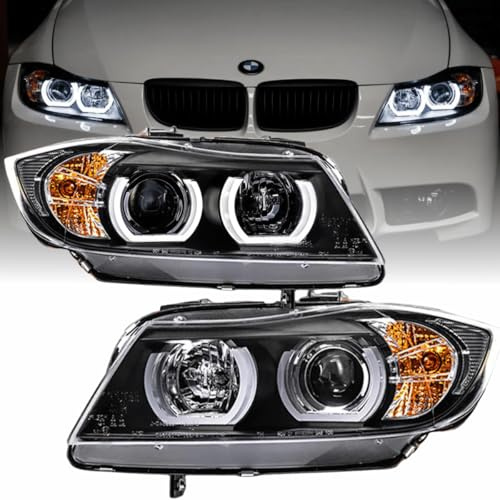 Xenon Scheinwerfer Set Schwarz für BMW 3er E90 Limousine & E91 Touring 2005–2008 | 3D Angel Eyes | D1S