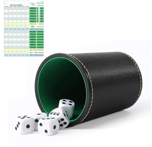 Dexpally Set Gioco Dadi in Pelle PU con Bicchiere, 5 Dadi e Blocco a Scheda di valutazione(7.5x6x9 cm) - Portatile per Famiglia, Feste, Viaggi e Giochi da Bar.