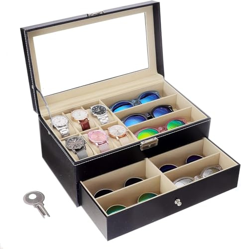 Flytianmy Leather Watch Box and Sunglass Glasses Case Organizer and Jewelry Display Drawer Lockable Case Organizer Black