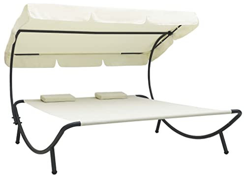 vidaXL Garten Sonnenliege mit Sonnendach Kissen Doppelliege Gartenliege Relaxliege Strandliege Liege Gartenmöbel Cremeweiß 200x173x135cm