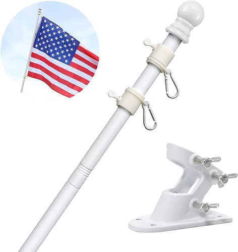 White Flag Pole for House with Holder Bracket,5-6ft Tangle Free Flag Poles for Outside House,Heavy Duty House Flag Pole Kit for 3x5 American Flags, Metal Flagpoles Residential for Outdoor Porch Garage