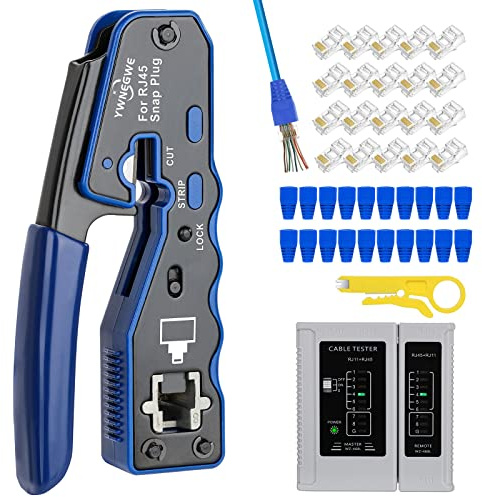 RJ45 Crimp Tool Kit Pass Thru Ethernet Crimper for Cat5e Cat6 Cat6a 8P8C Modular Connectors, All-in-One Cat6 Crimping Tool and Tester(9V Battery Not Included)