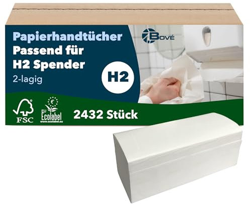 BOVE 2-Lagige Papierhandtücher C-Falz - 25x31 cm - 2432 Stück - Passend für TORK H2 Spender - 100% Zellstoff - Geprägte, Saugstarke Falthandtücher - 16 Bündel à 152 Tücher