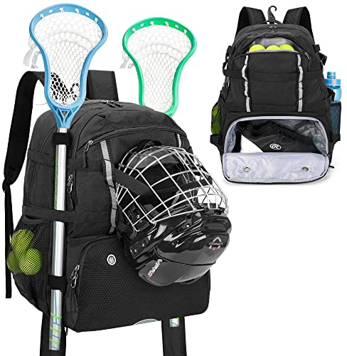 DSLEAF Lacrosse Bag with Stick Holder, Lacrosse Backpack with External Buckle Straps to Fix Helmet, Separate Shoe Space and Other Pockets to Hold Shoes US Mens 13 and Other Lacrosse Equipment