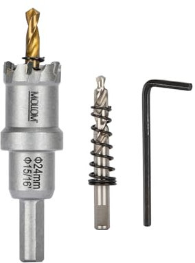 Mollom (24mm | 15/16) Scie cloche en carbure pour usage intensif avec 2 forets pilotes, coupe l'acier inoxydable, l'acier doux, le fer, le cuivre, le laiton et le plastique