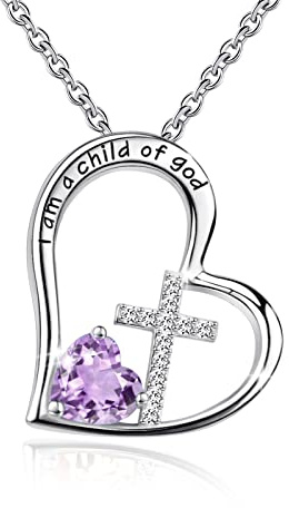 Bengnkes BG 925 Sterling Silver I Am a Child of God Cross Pendant Necklaces for Women, Feb Birthstone Purple Heart Necklace Communion Goddaughter Christian Baptism Gifts