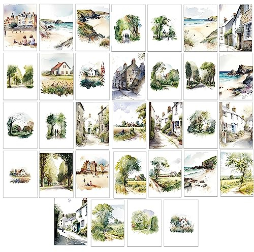 32 x British themed Watercolour Landscape Blank Greeting Cards (British Countryside, Beaches and Parks)